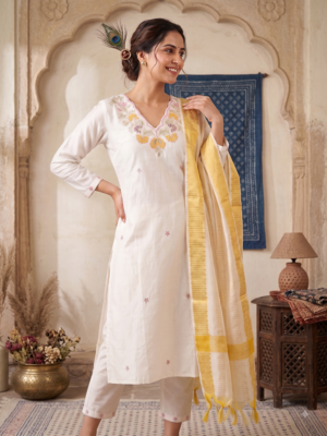 White floral embroidered cotton kurti pant set with yellow border dupatta 2