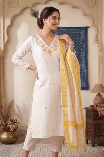 White floral embroidered cotton kurti pant set with yellow border dupatta