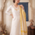 White floral embroidered cotton kurti pant set with yellow border dupatta