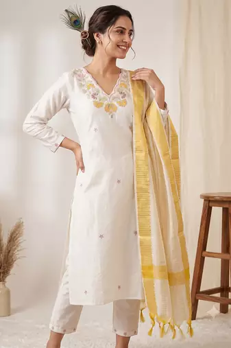 White floral embroidered cotton kurti pant set with yellow border dupatta
