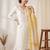 White floral embroidered cotton kurti pant set with yellow border dupatta