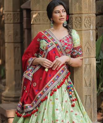 Light Green digital print & Mirror With Lampi lace Border Cotton Lahenga Choli Set 1