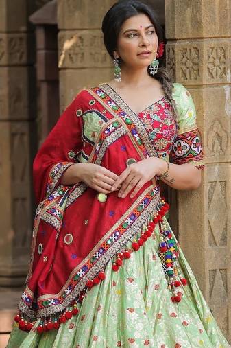 Light Green digital print & Mirror With Lampi lace Border Cotton Lahenga Choli Set