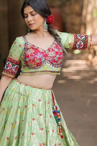 Light Green digital print & Mirror With Lampi lace Border Cotton Lahenga Choli Set