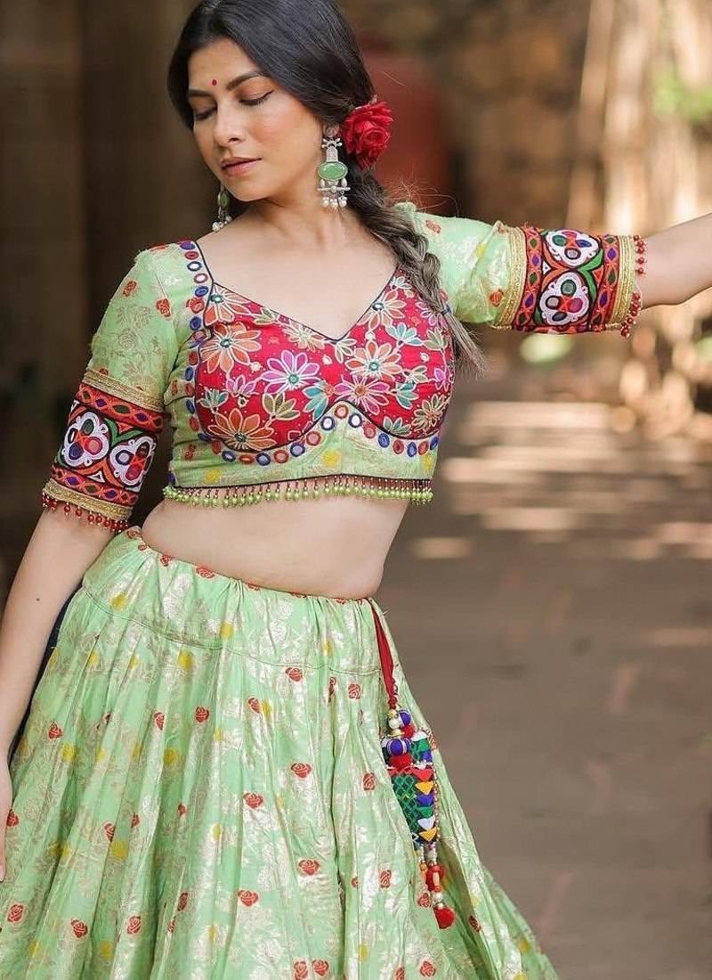 Light Green digital print & Mirror With Lampi lace Border Cotton Lahenga Choli Set