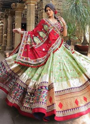 Light Green digital print & Mirror With Lampi lace Border Cotton Lahenga Choli Set 3