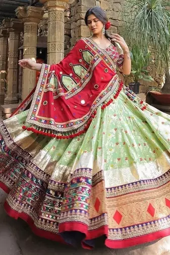 Light Green digital print & Mirror With Lampi lace Border Cotton Lahenga Choli Set