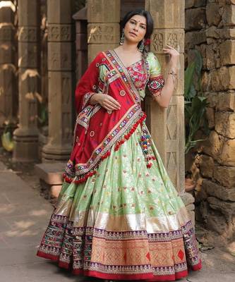 Light Green digital print & Mirror With Lampi lace Border Cotton Lahenga Choli Set 4