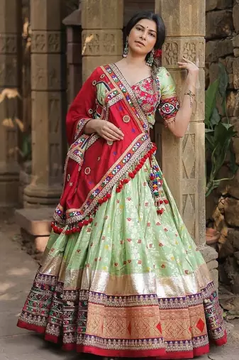 Light Green digital print & Mirror With Lampi lace Border Cotton Lahenga Choli Set