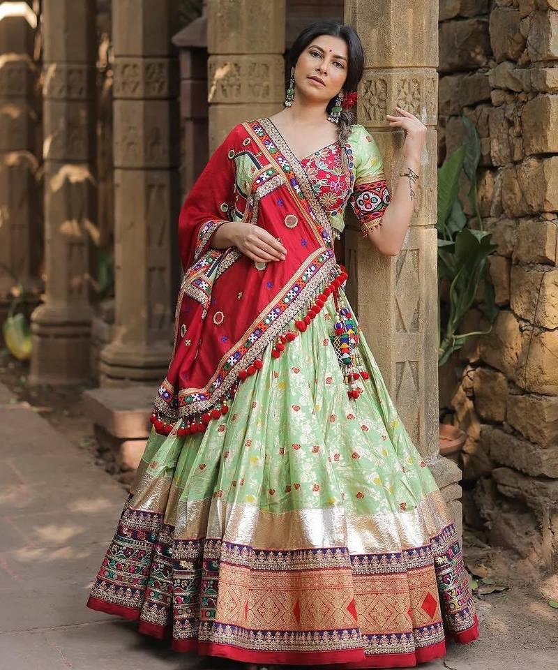 Light Green digital print & Mirror With Lampi lace Border Cotton Lahenga Choli Set