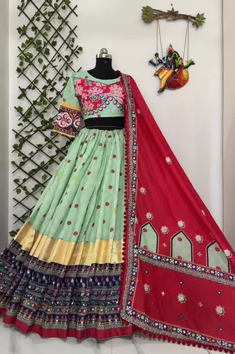 Light Green digital print & Mirror With Lampi lace Border Cotton Lahenga Choli Set