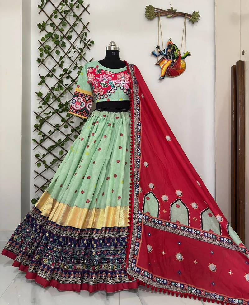 Light Green digital print & Mirror With Lampi lace Border Cotton Lahenga Choli Set