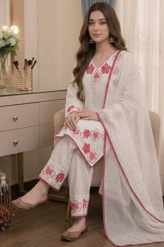 White Color Embroidery Thread Work Satin Rayon Salwar Suit