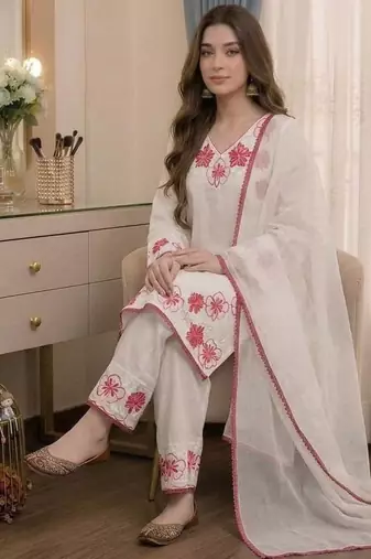 White Color Embroidery Thread Work Satin Rayon Salwar Suit