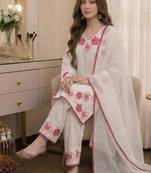 White Color Embroidery Thread Work Satin Rayon Salwar Suit