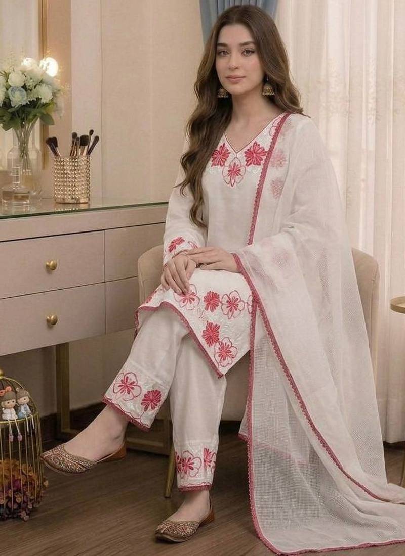 White Color Embroidery Thread Work Satin Rayon Salwar Suit