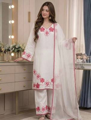 White Color Embroidery Thread Work Satin Rayon Salwar Suit 2
