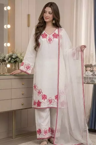 White Color Embroidery Thread Work Satin Rayon Salwar Suit