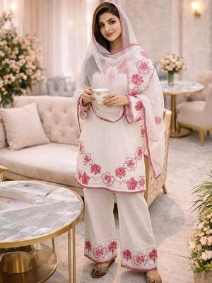 White Color Embroidery Thread Work Satin Rayon Salwar Suit 3