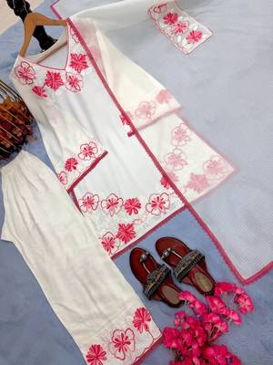 White Color Embroidery Thread Work Satin Rayon Salwar Suit 5