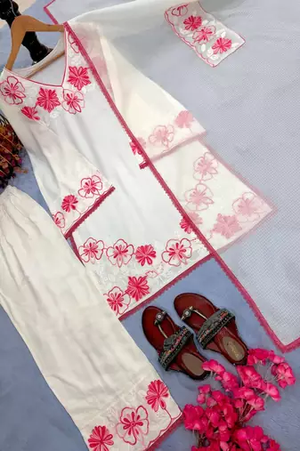 White Color Embroidery Thread Work Satin Rayon Salwar Suit