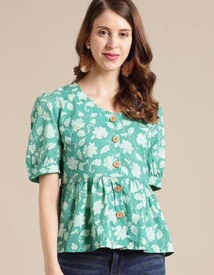 Green Floral Printed Puff Sleeve Cinched Waist Top 1