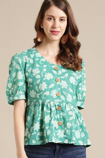 Green Floral Printed Puff Sleeve Cinched Waist Top