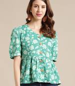Green Floral Printed Puff Sleeve Cinched Waist Top