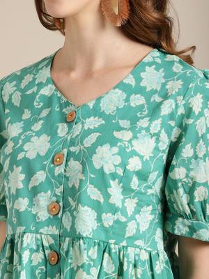 Green Floral Printed Puff Sleeve Cinched Waist Top 2