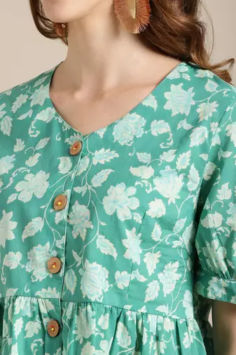 Green Floral Printed Puff Sleeve Cinched Waist Top