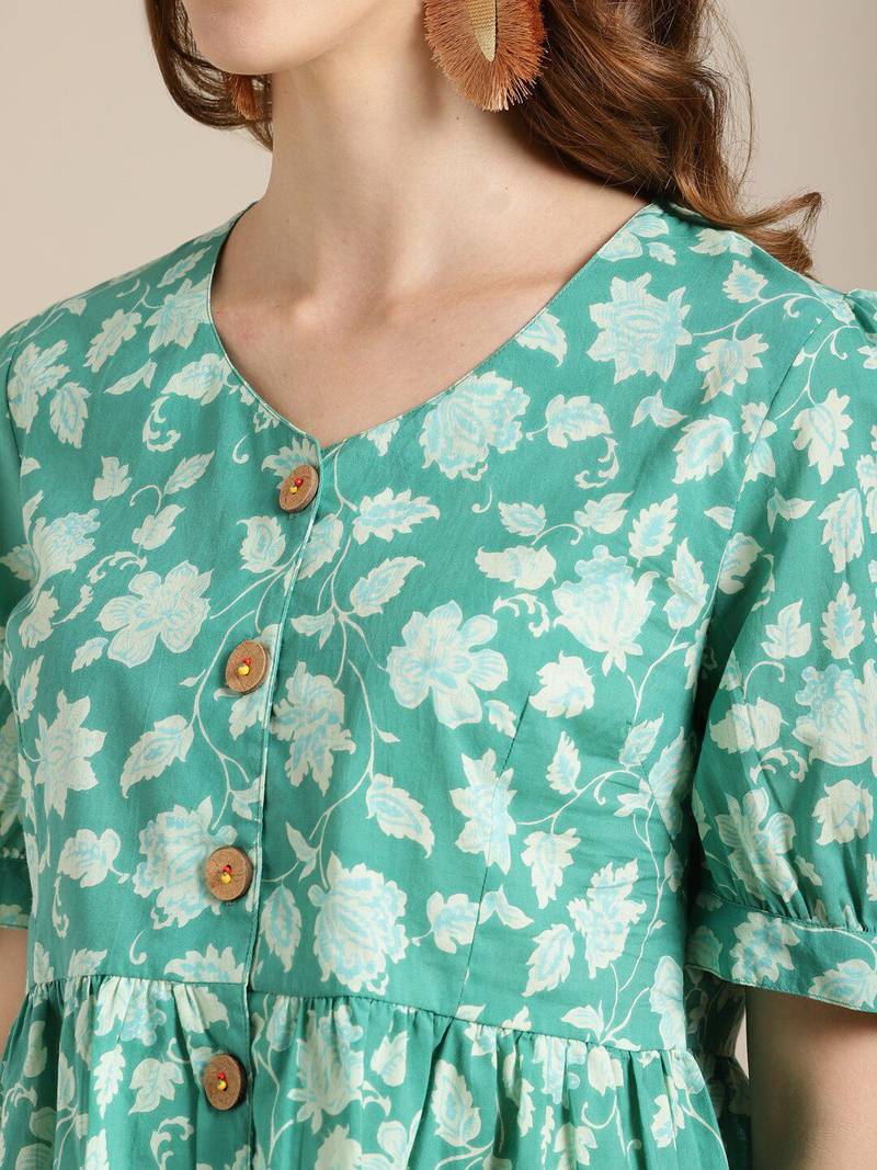 Green Floral Printed Puff Sleeve Cinched Waist Top