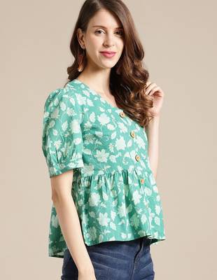 Green Floral Printed Puff Sleeve Cinched Waist Top 3