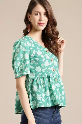 Green Floral Printed Puff Sleeve Cinched Waist Top