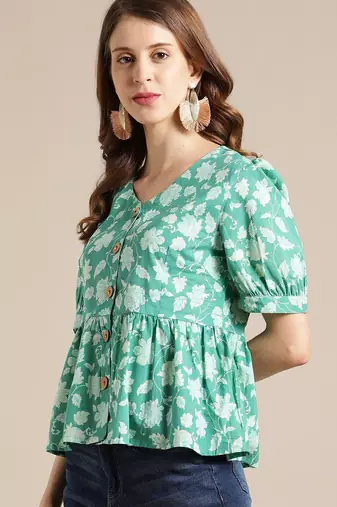 Green Floral Printed Puff Sleeve Cinched Waist Top