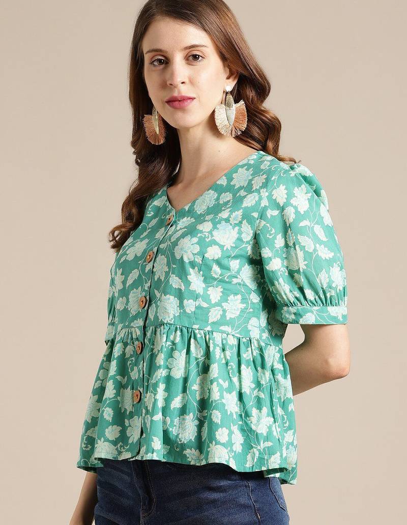 Green Floral Printed Puff Sleeve Cinched Waist Top