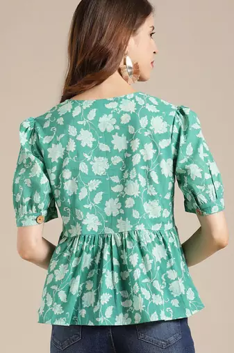 Green Floral Printed Puff Sleeve Cinched Waist Top