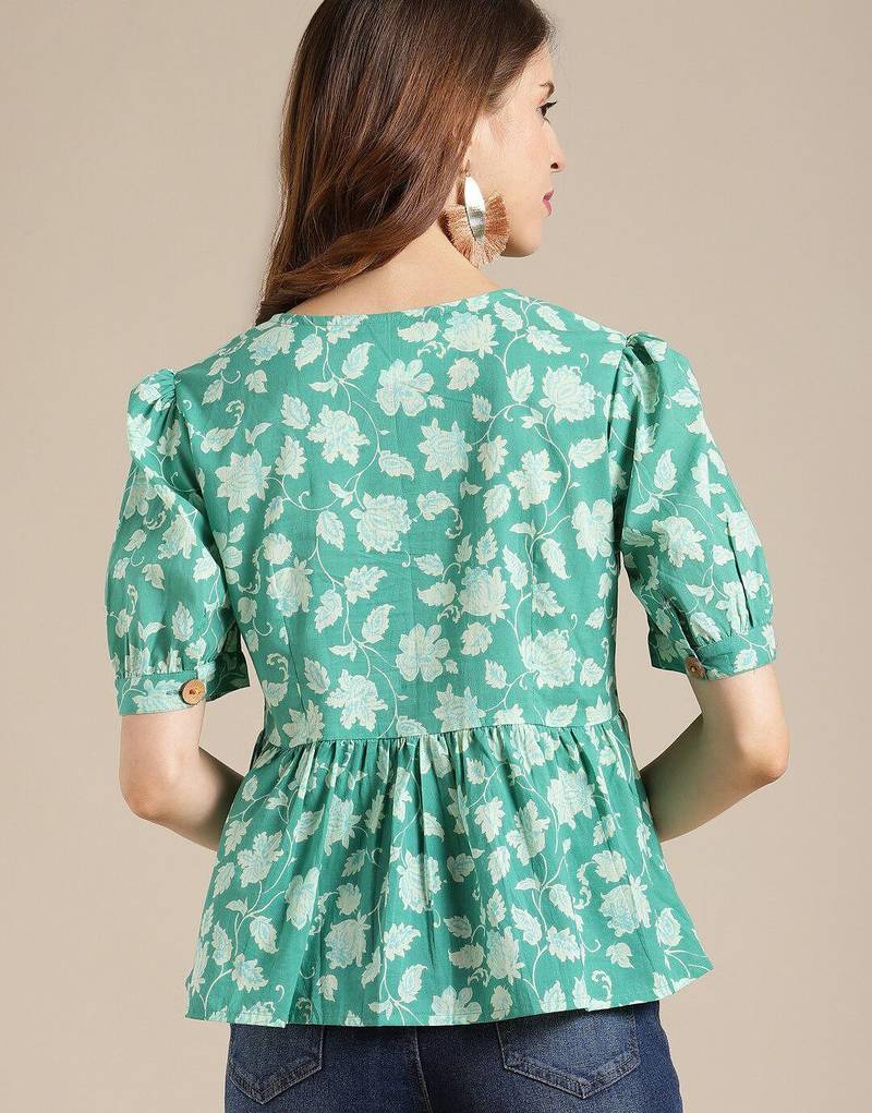 Green Floral Printed Puff Sleeve Cinched Waist Top