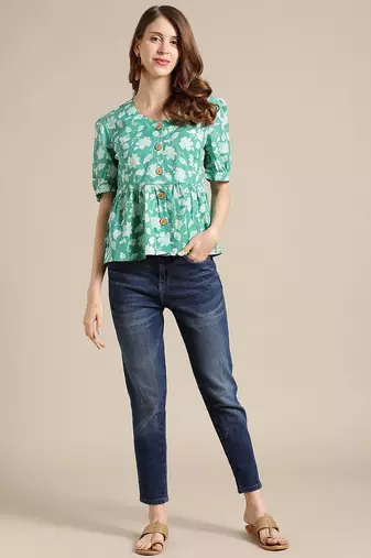 Green Floral Printed Puff Sleeve Cinched Waist Top