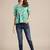 Green Floral Printed Puff Sleeve Cinched Waist Top