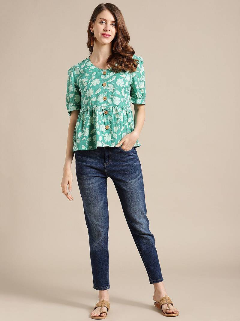 Green Floral Printed Puff Sleeve Cinched Waist Top