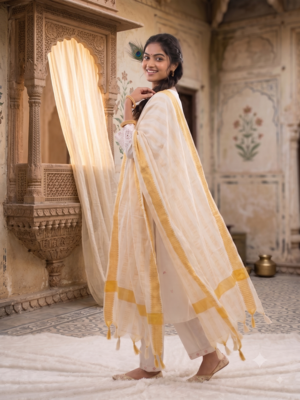 White floral embroidered cotton kurti pant set with yellow border dupatta 3