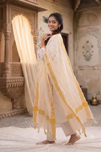 White floral embroidered cotton kurti pant set with yellow border dupatta