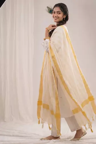 White floral embroidered cotton kurti pant set with yellow border dupatta