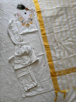 White floral embroidered cotton kurti pant set with yellow border dupatta 4