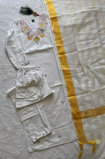 White floral embroidered cotton kurti pant set with yellow border dupatta