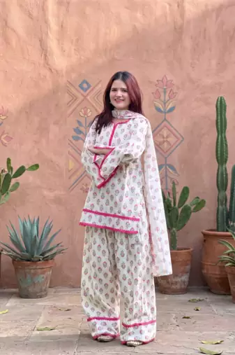 Off white cotton floral printed kurta set with farshi pant and dupatta