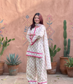 Off white cotton floral printed kurta set with farshi pant and dupatta