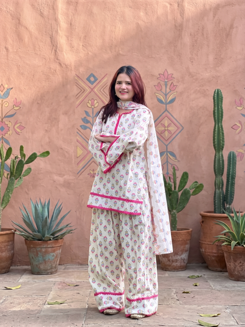 Off white cotton floral printed kurta set with farshi pant and dupatta