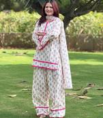 Off white cotton floral printed kurta set with farshi pant and dupatta
