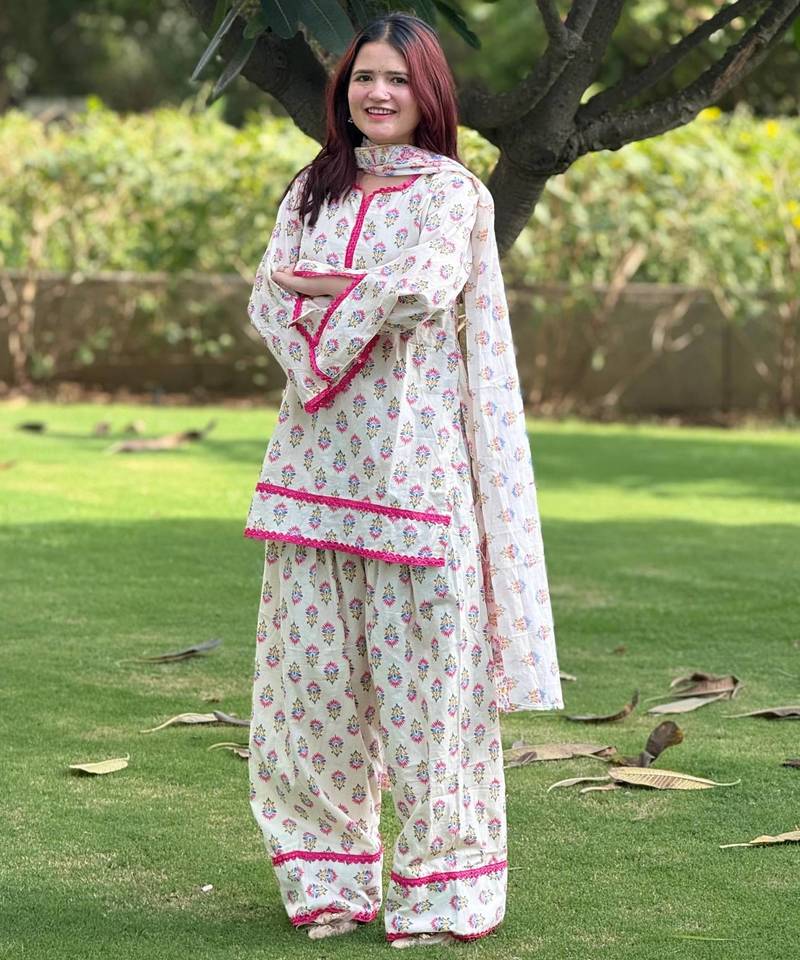 Off white cotton floral printed kurta set with farshi pant and dupatta